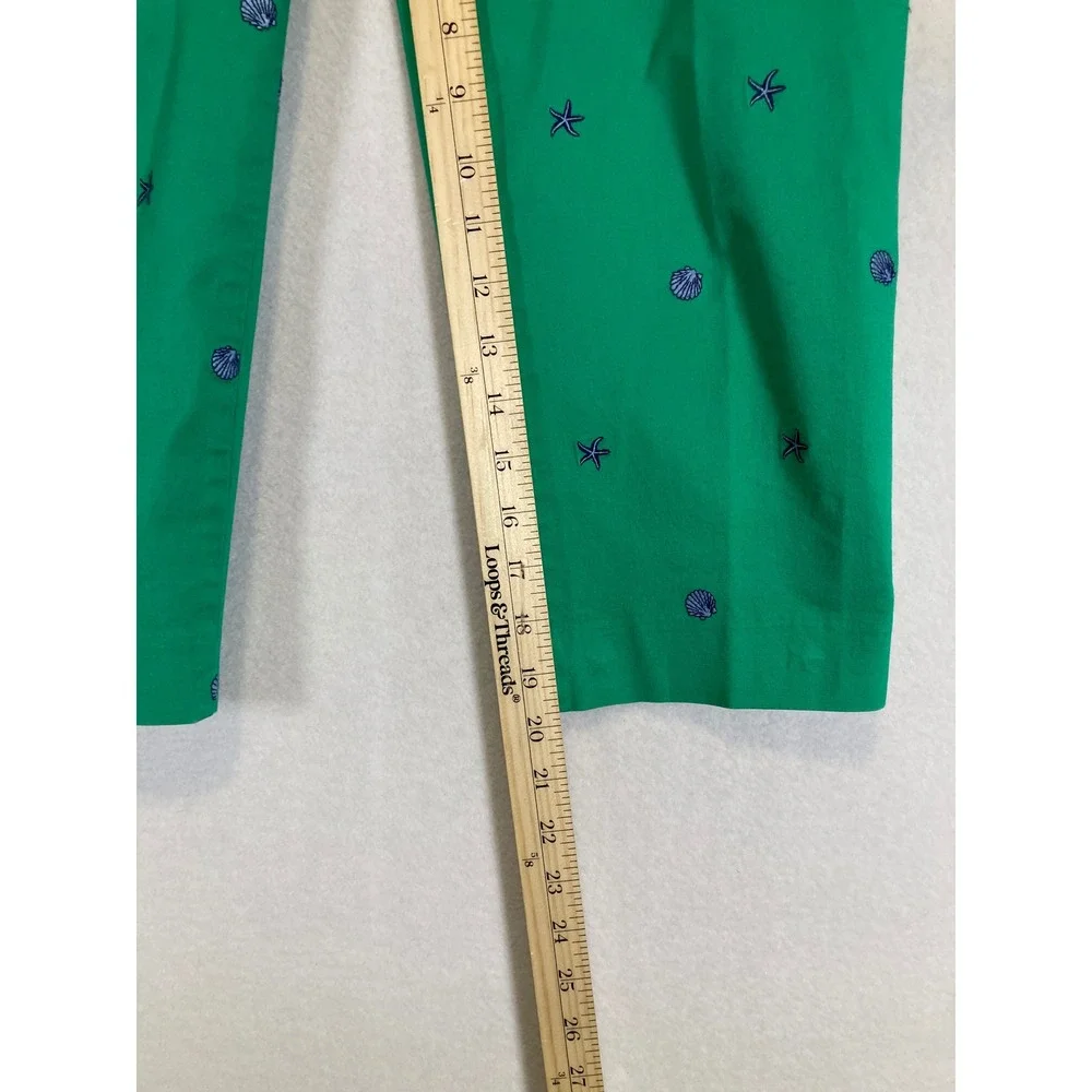 Coastal Preppy Talbots Women 4P Green‎ Embroidered Shell Starfish Ankle Pants